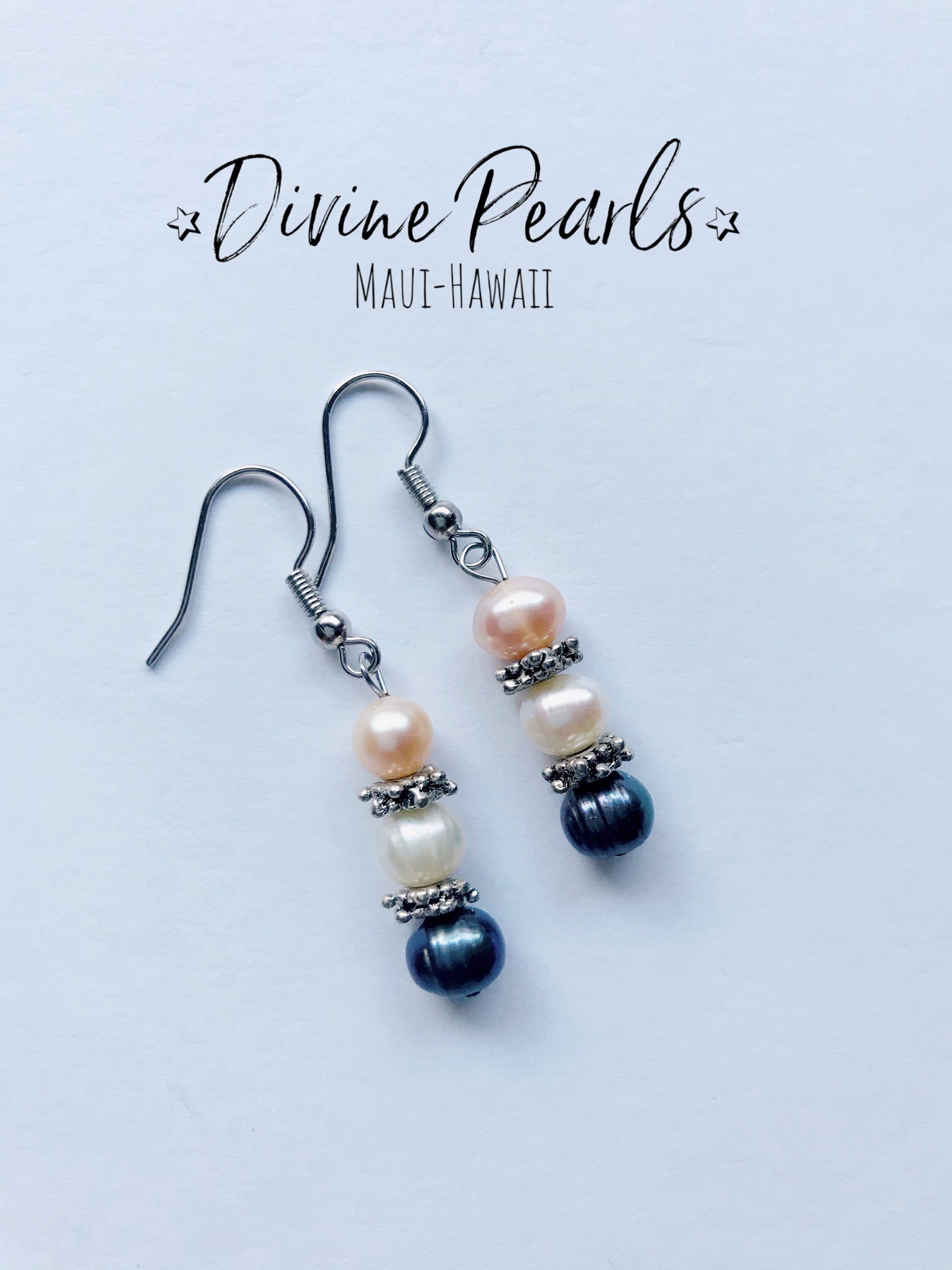 Dangle & drop earrings, pink, white, black freshwater pearls, sterling silver