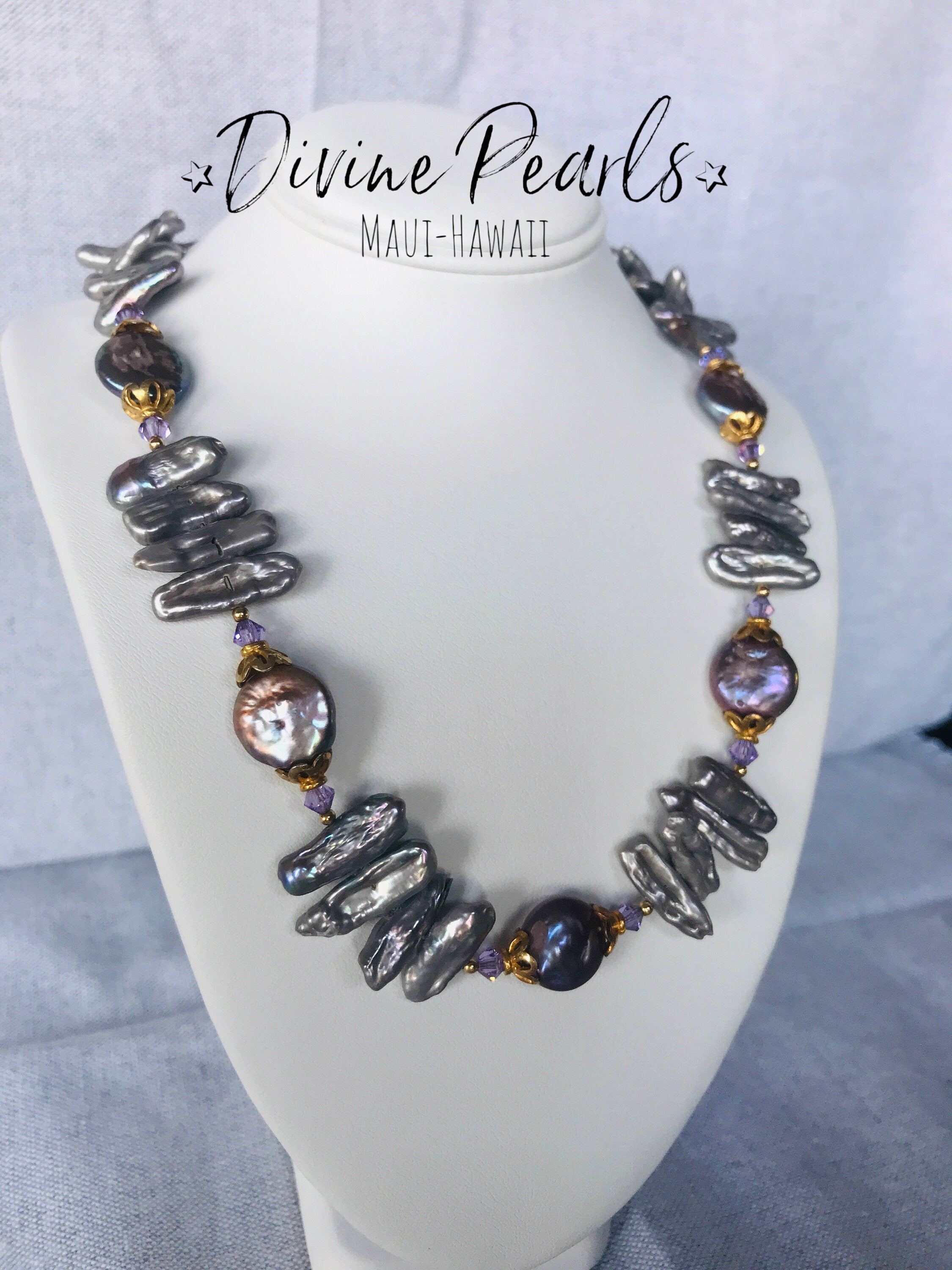 Purple Biwa & Coin Pearls, Slovakia Crystal