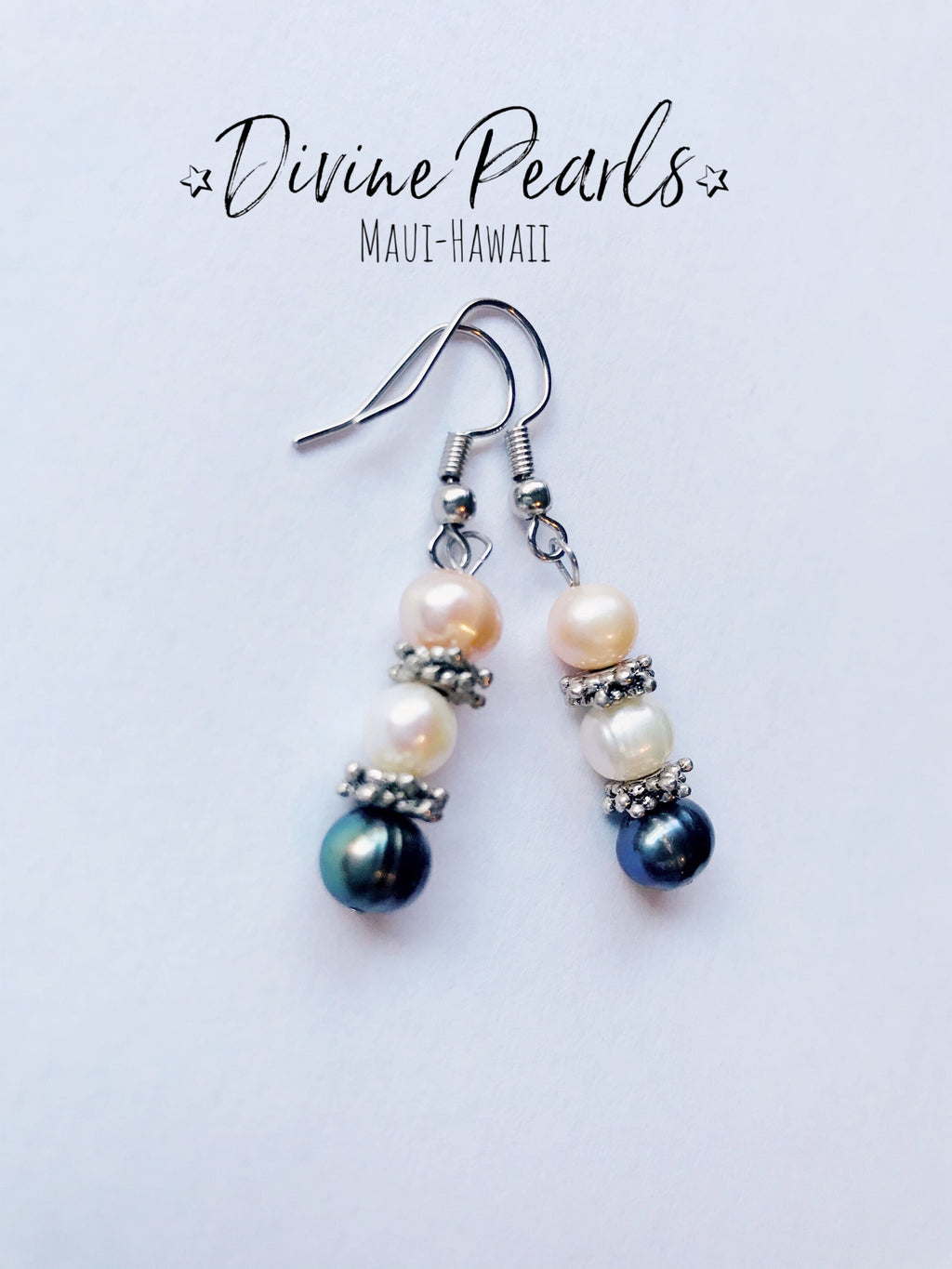 Dangle & drop earrings, pink, white, black freshwater pearls, sterling silver