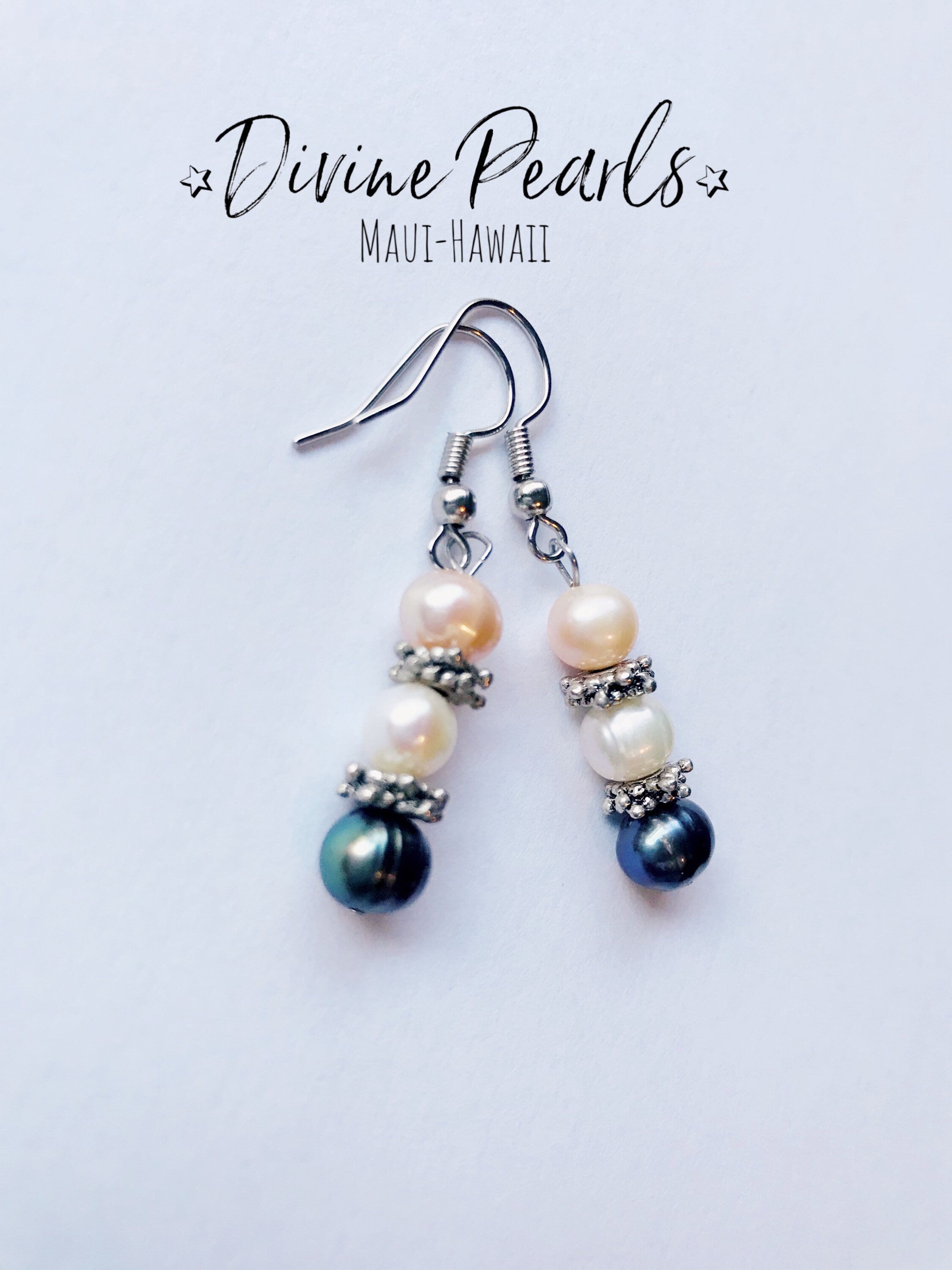 Dangle & drop earrings, pink, white, black freshwater pearls, sterling silver