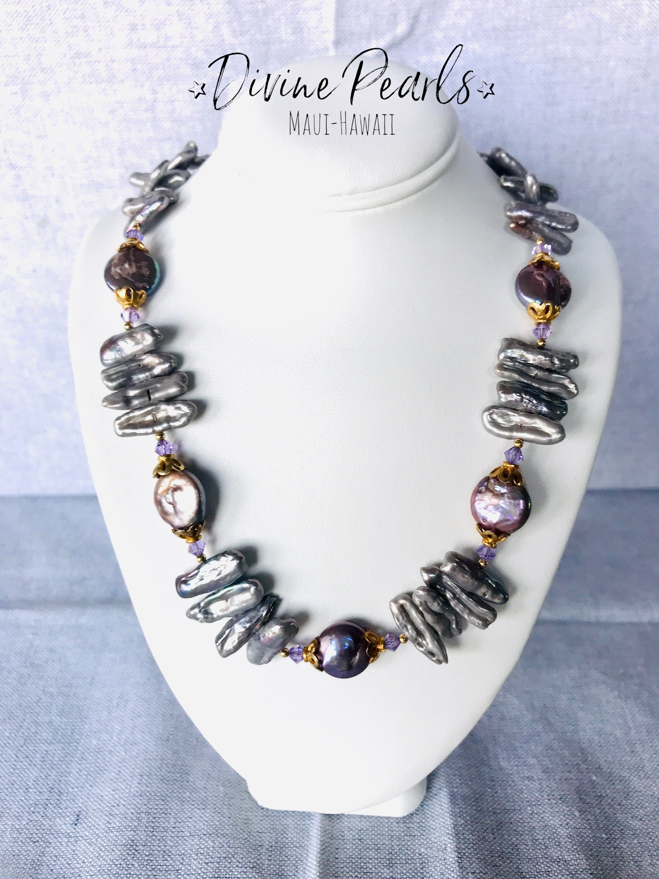 Purple Biwa & Coin Pearls, Slovakia Crystal