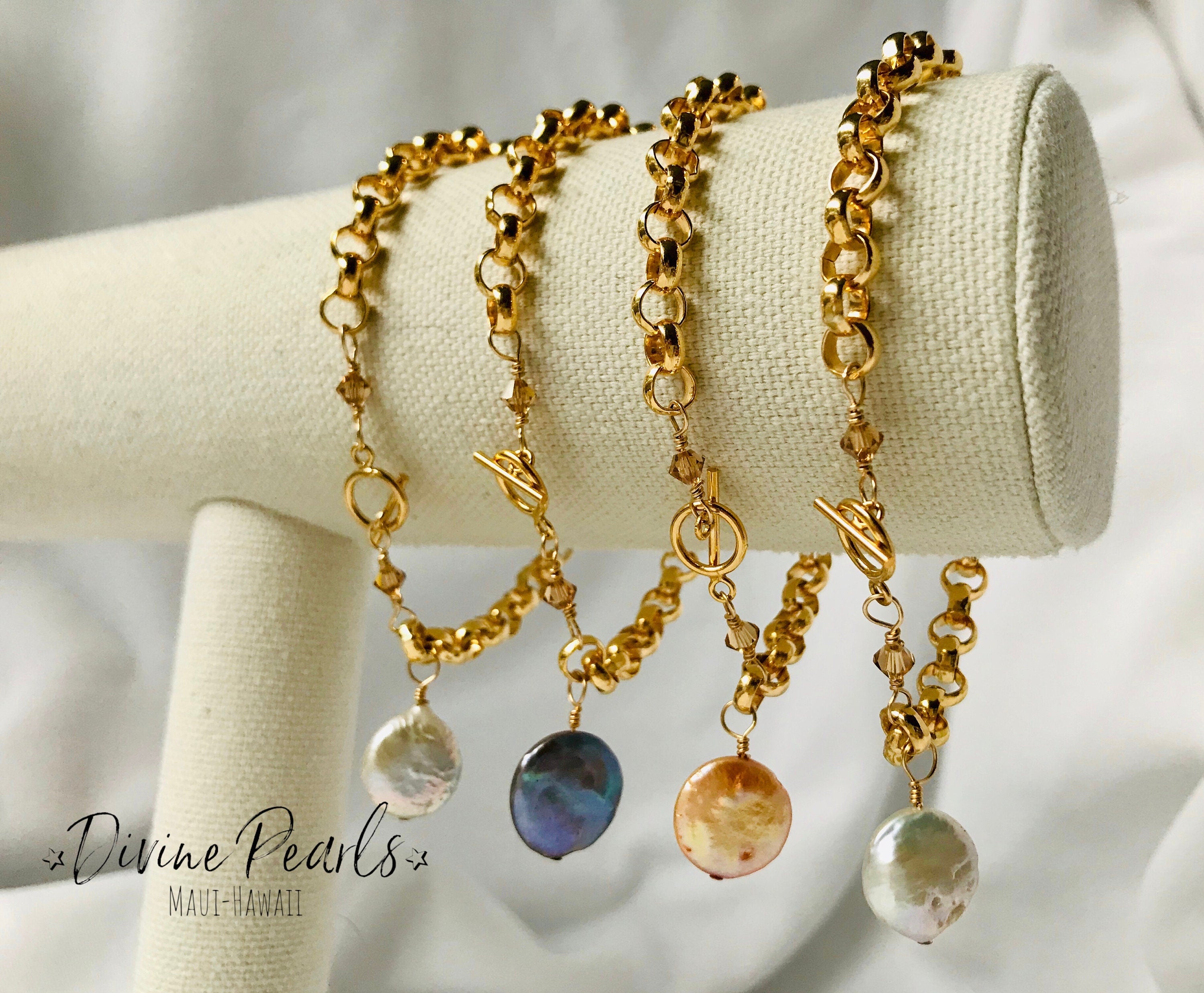 14k gold filled rolo bracelet with freshwater coin pearl and crystal