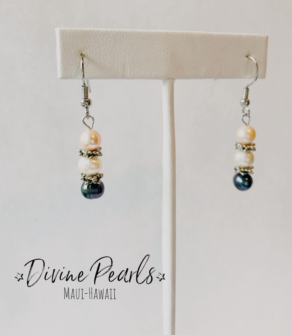 Dangle & drop earrings, pink, white, black freshwater pearls, sterling silver