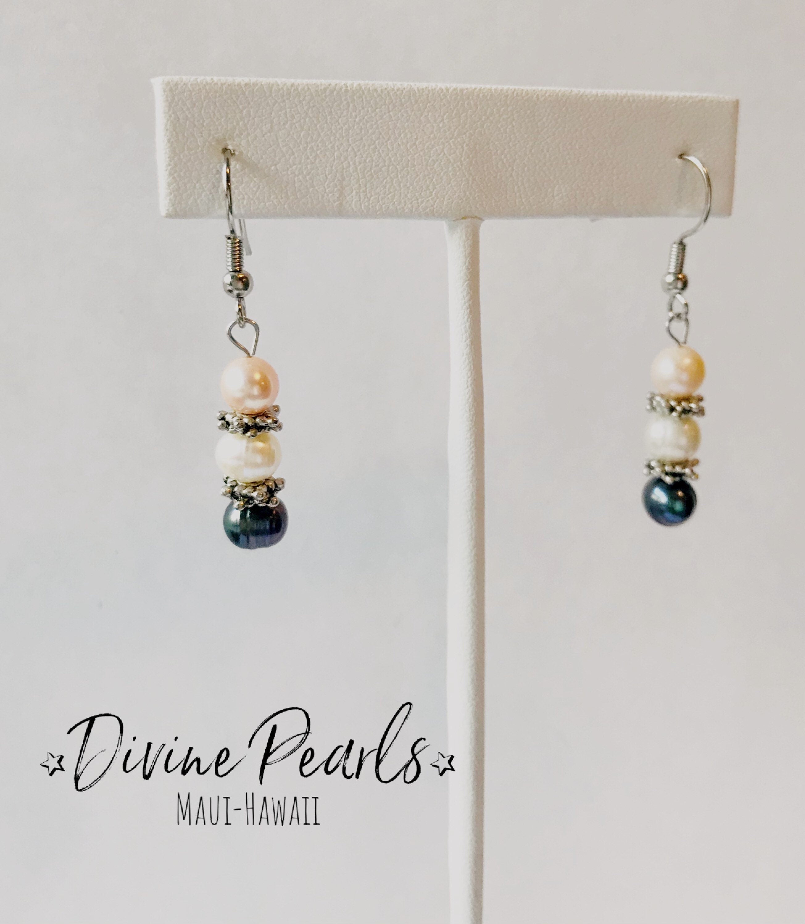 Dangle & drop earrings, pink, white, black freshwater pearls, sterling silver
