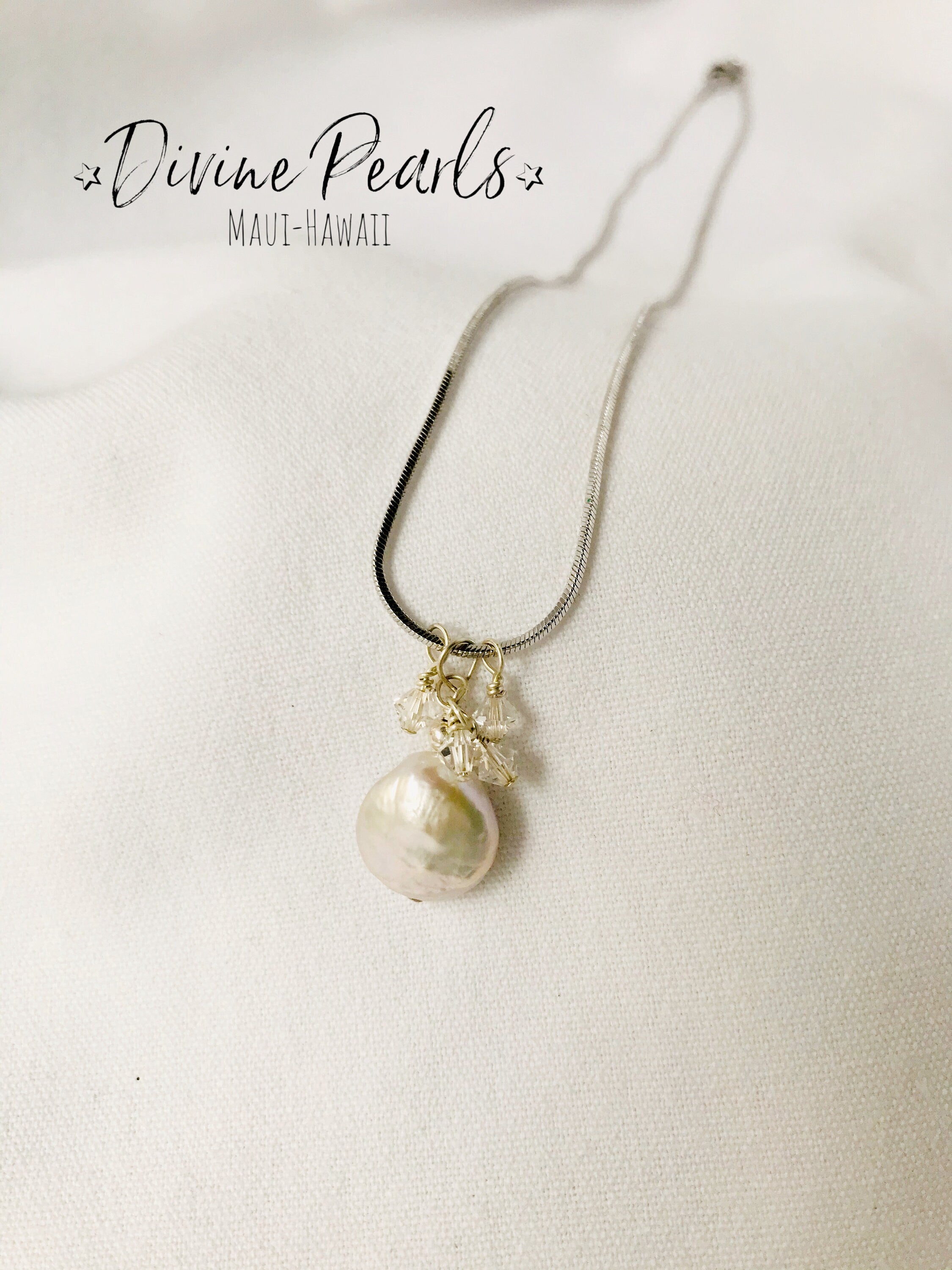Coin pearl on sterling silver chain with slovakia crystals