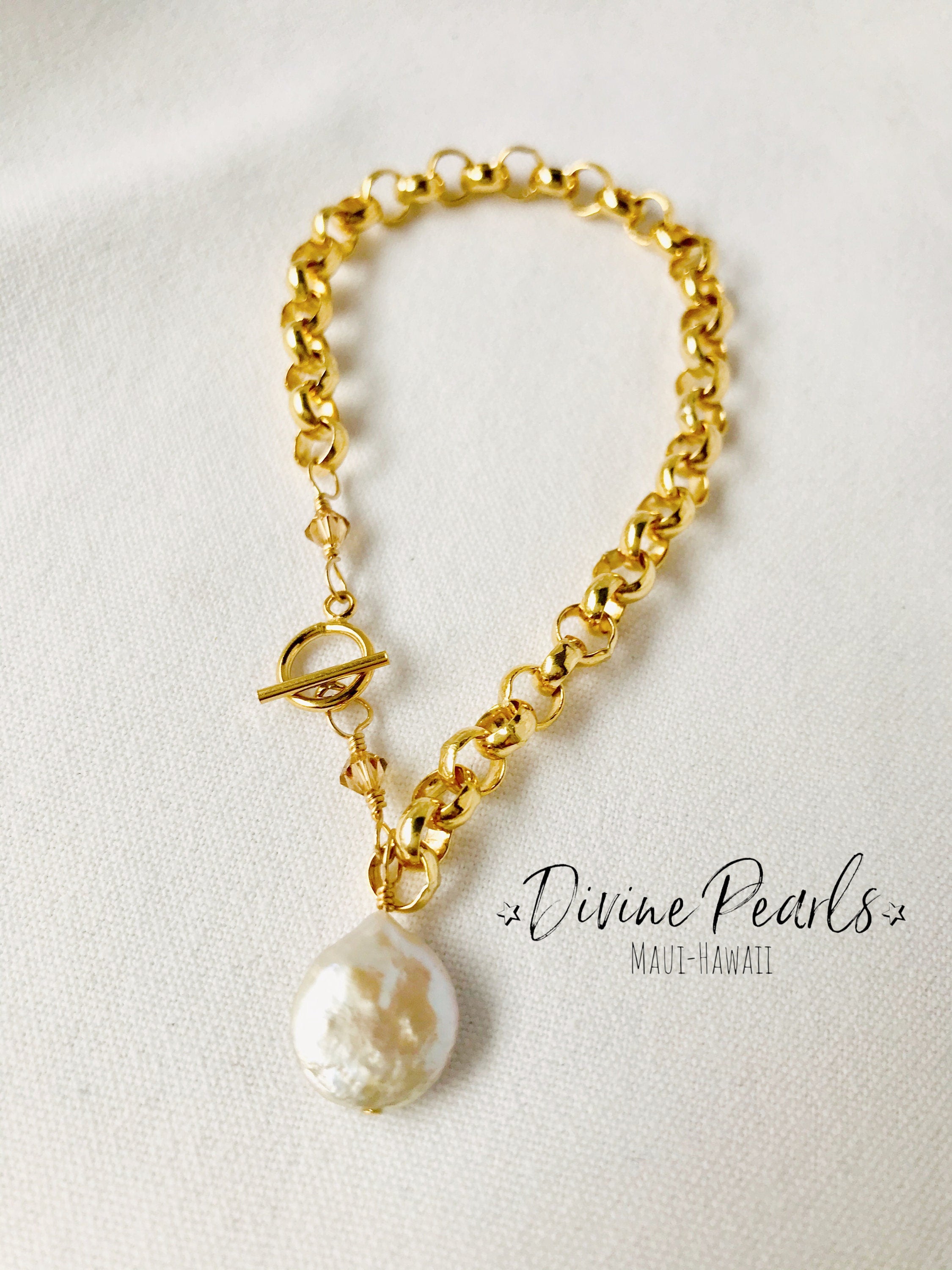 14k gold filled rolo bracelet with freshwater coin pearl and crystal