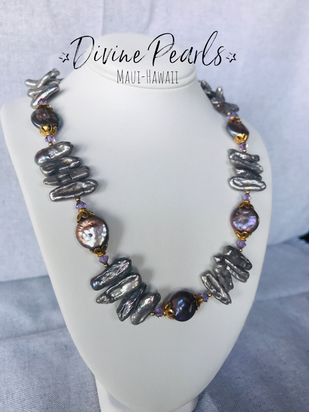 Purple Biwa & Coin Pearls, Slovakia Crystal