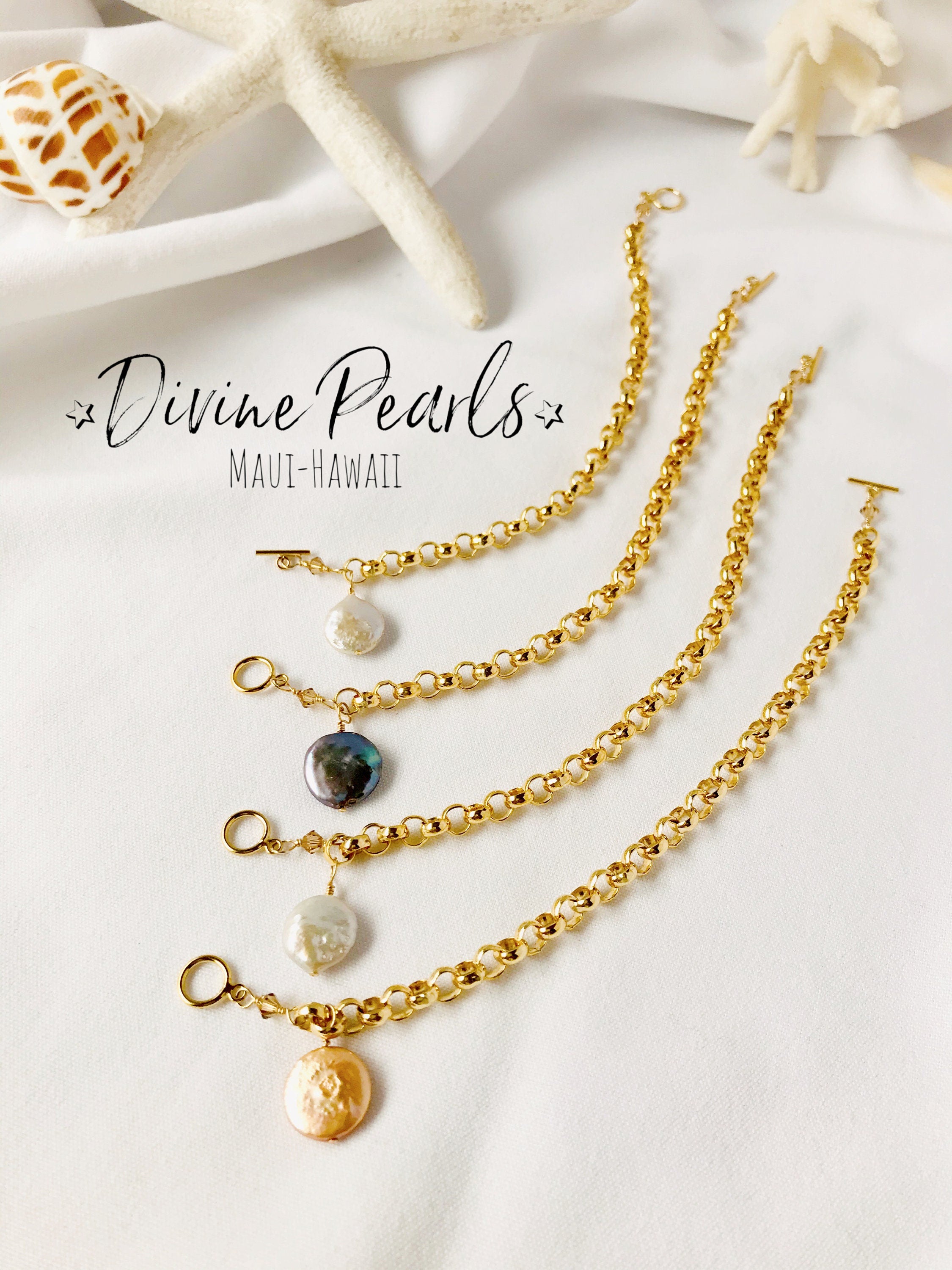 14k gold filled rolo bracelet with freshwater coin pearl and crystal