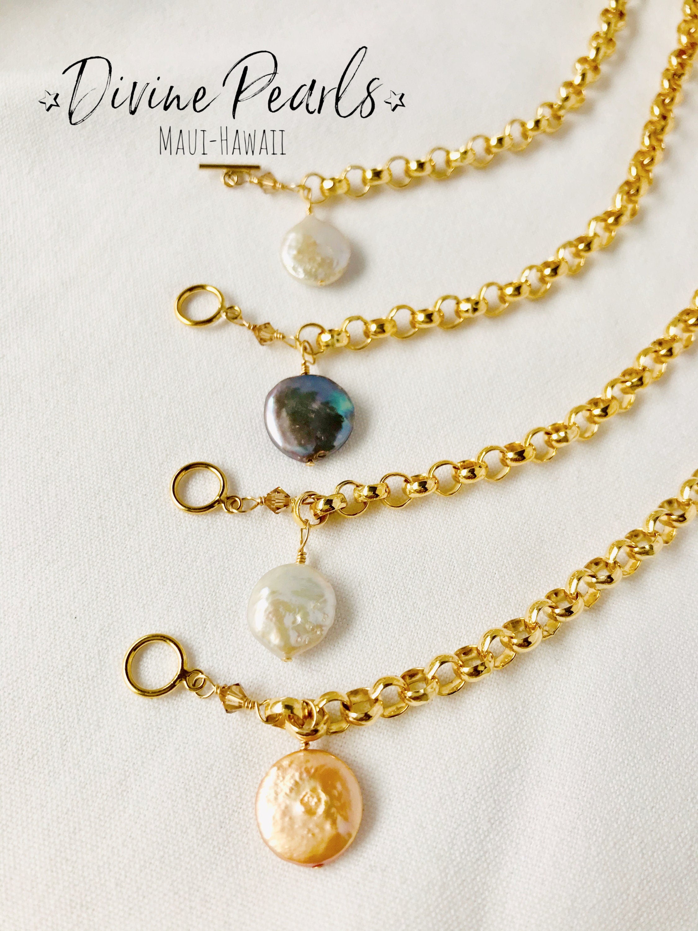 14k gold filled rolo bracelet with freshwater coin pearl and crystal