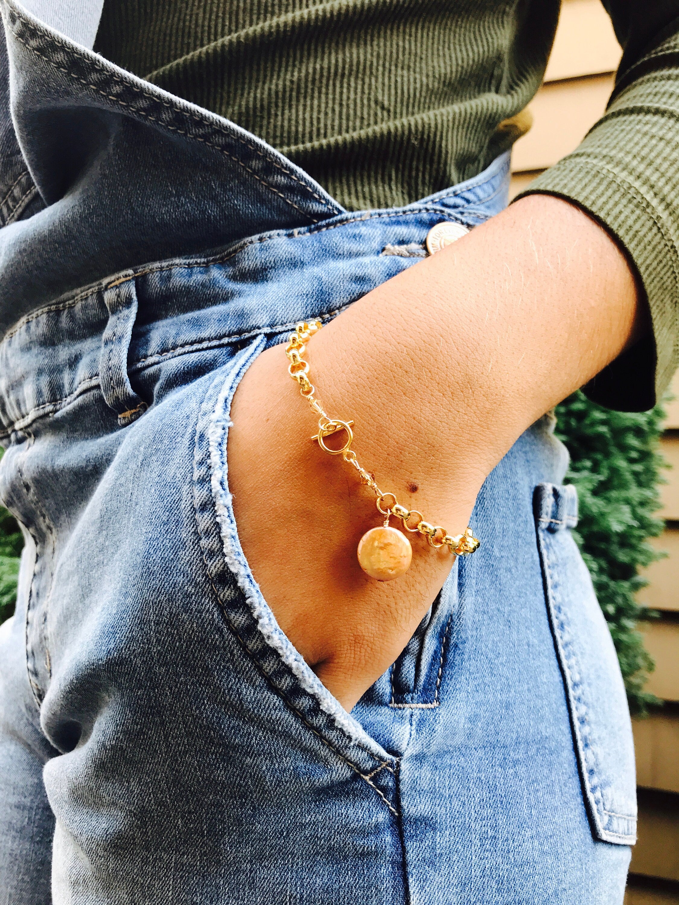 14k gold filled rolo bracelet with freshwater coin pearl and crystal