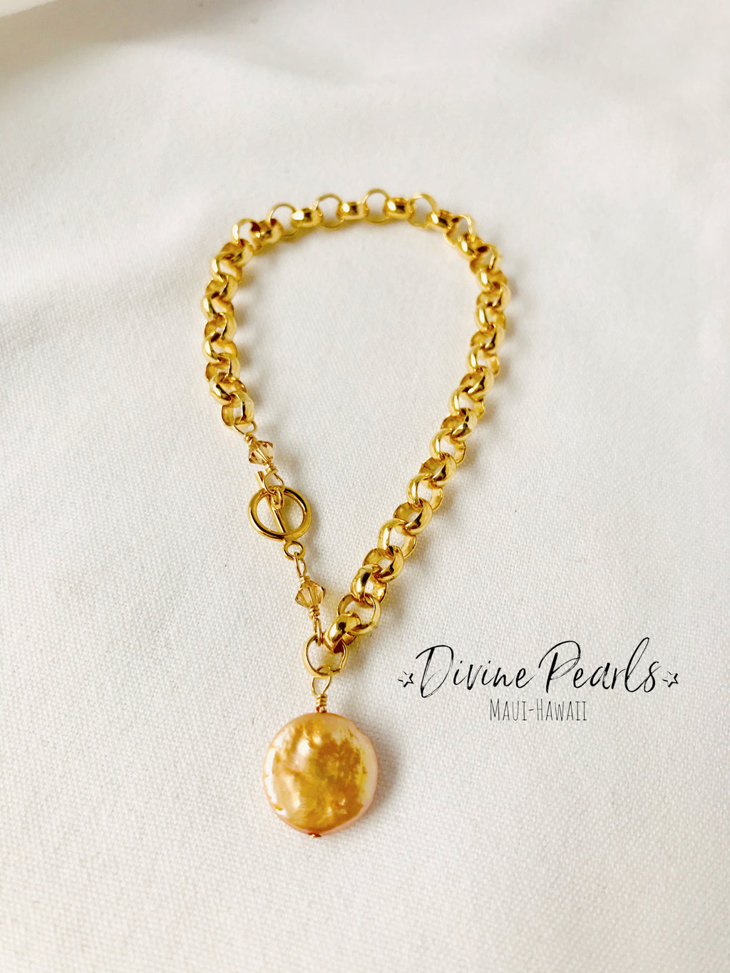14k gold filled rolo bracelet with freshwater coin pearl and crystal