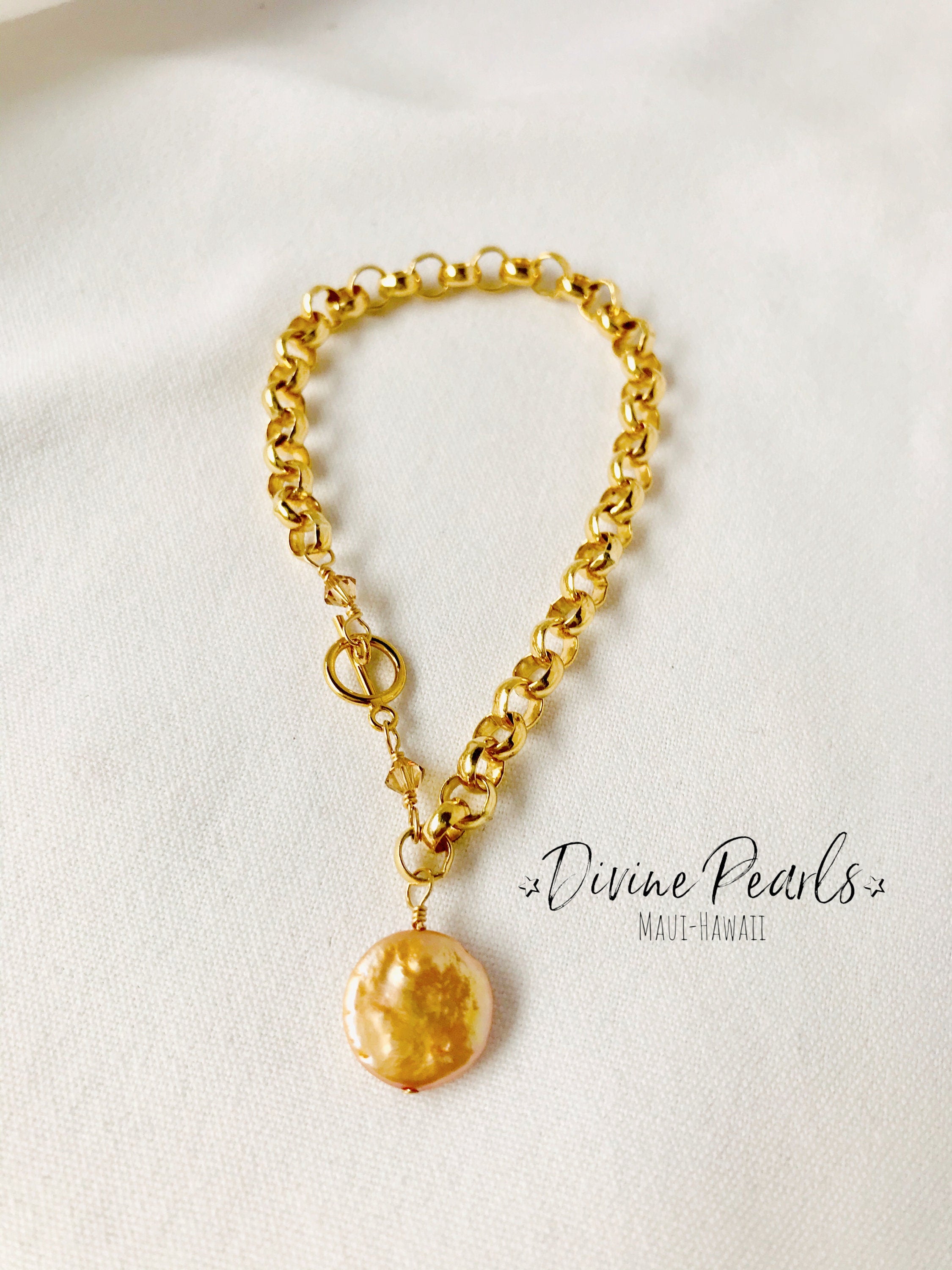 14k gold filled rolo bracelet with freshwater coin pearl and crystal