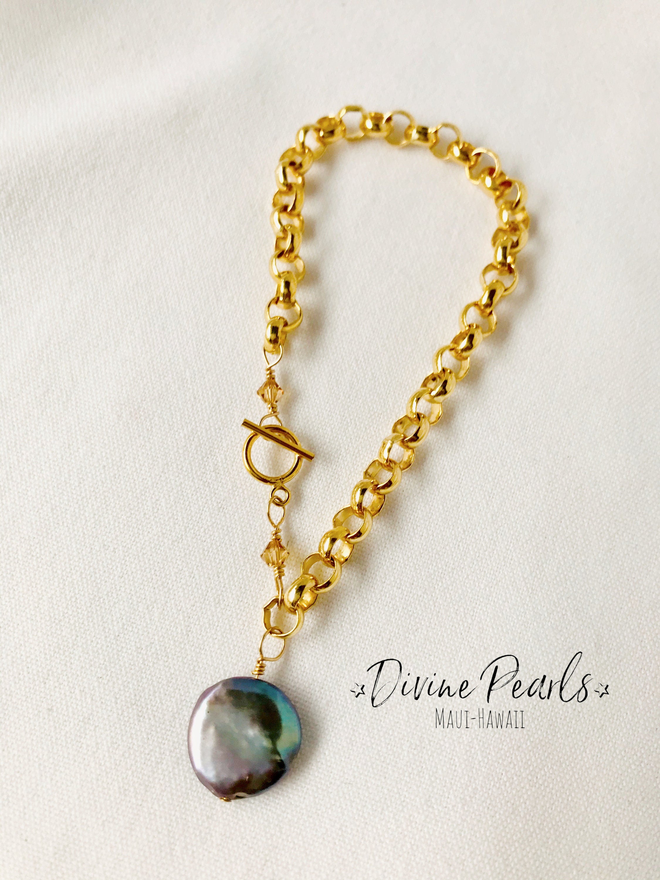 14k gold filled rolo bracelet with freshwater coin pearl and crystal
