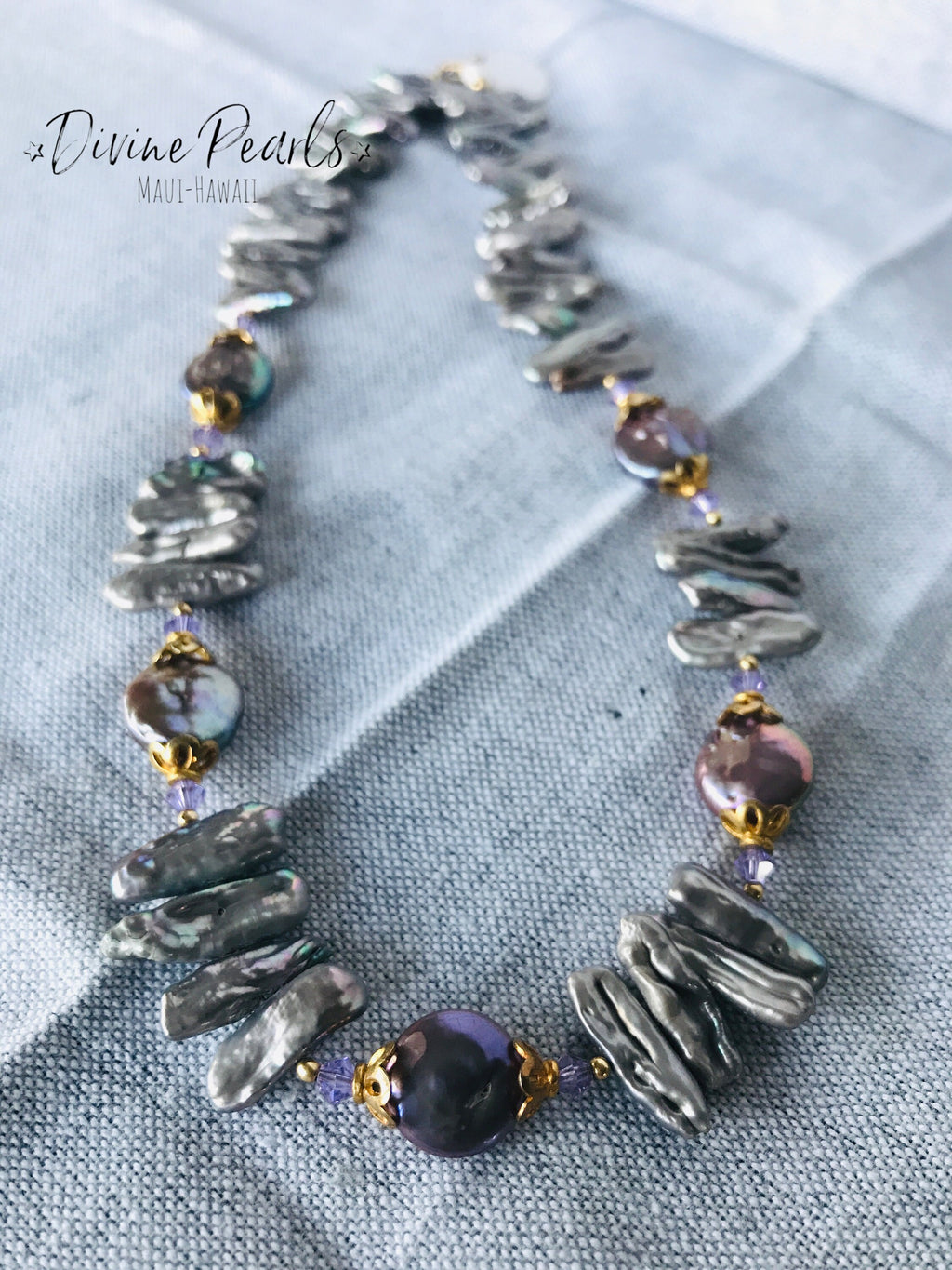 Purple Biwa & Coin Pearls, Slovakia Crystal