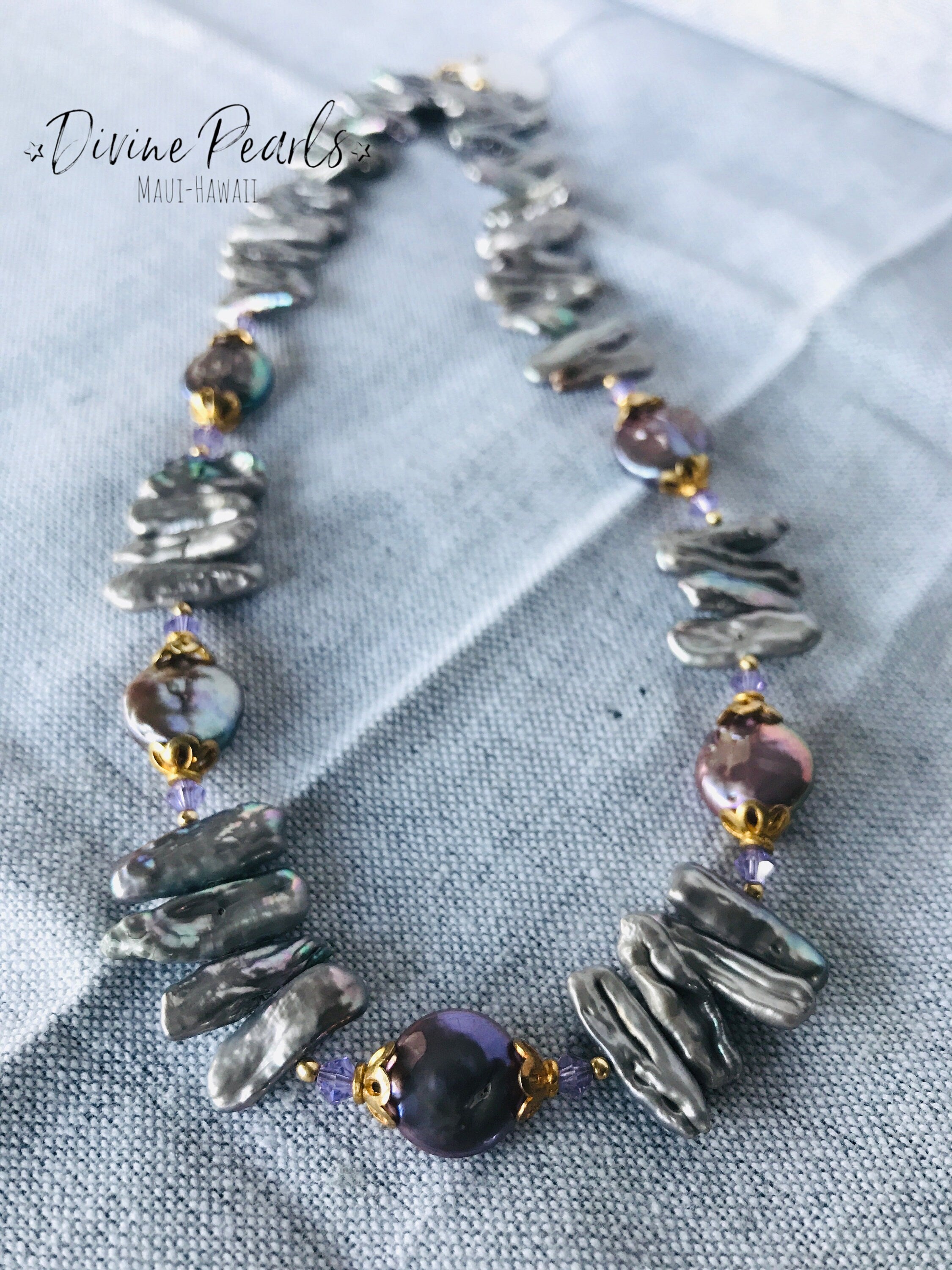 Purple Biwa & Coin Pearls, Slovakia Crystal