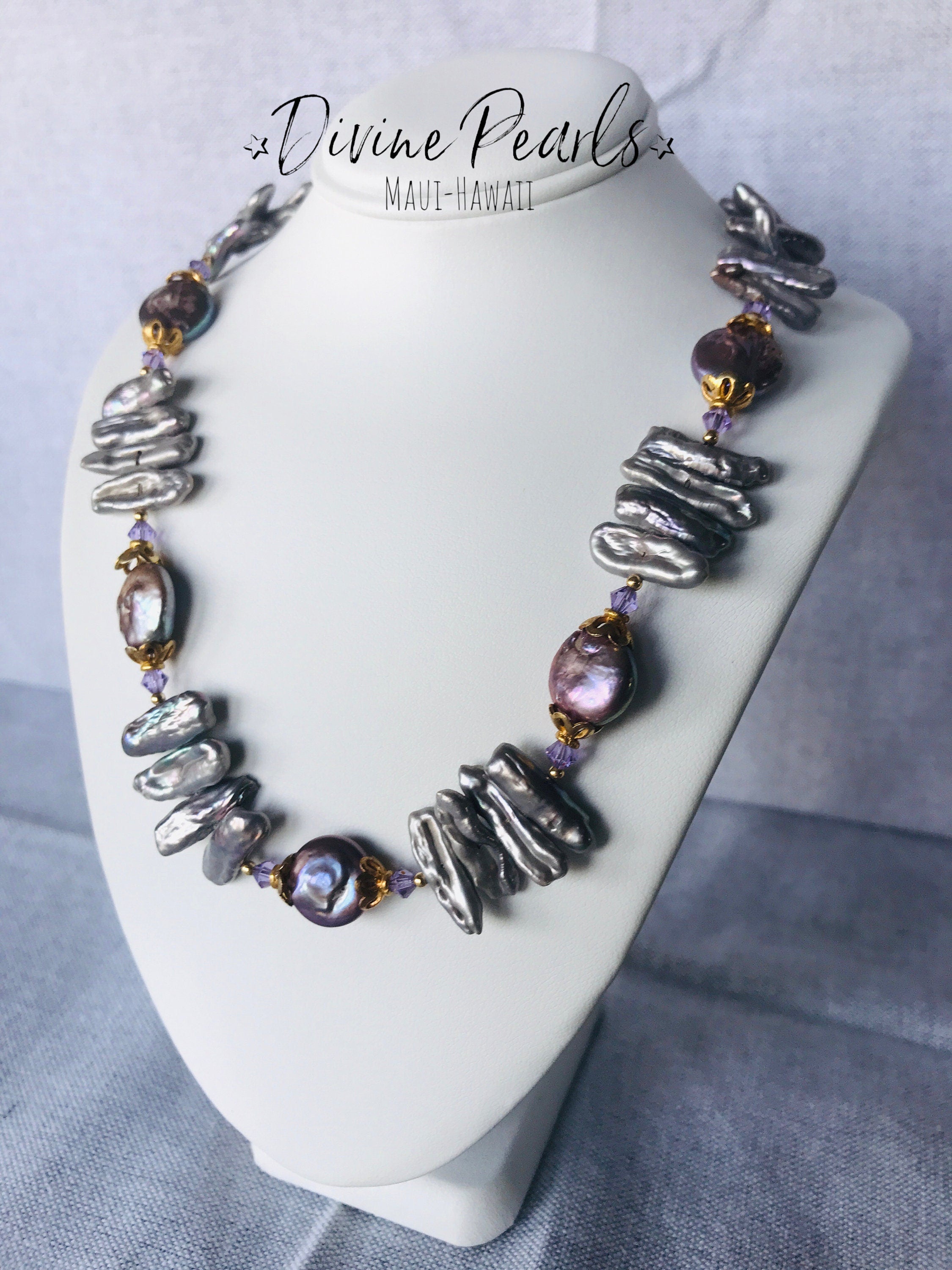 Purple Biwa & Coin Pearls, Slovakia Crystal