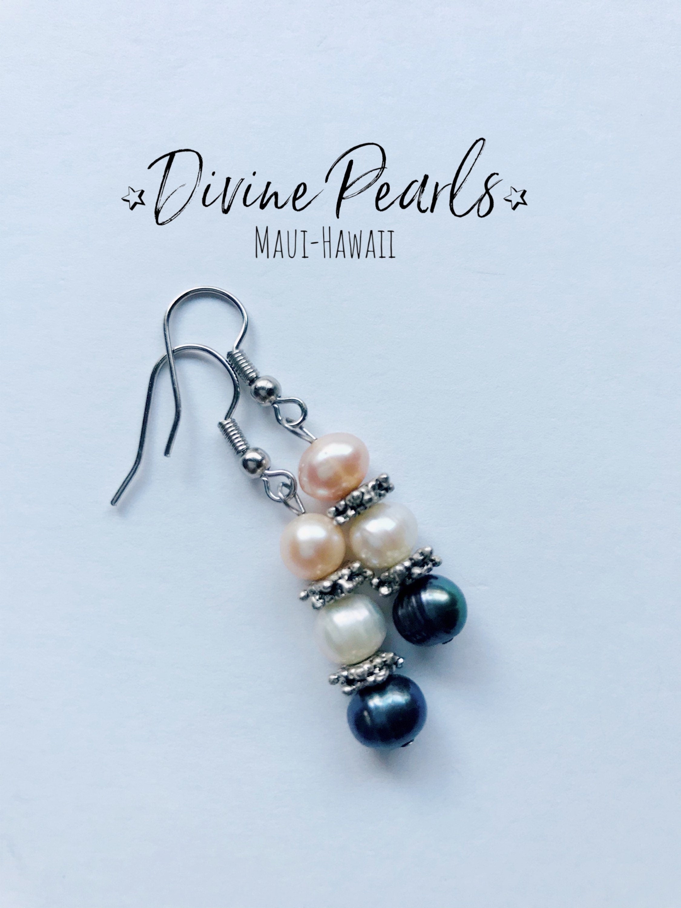 Dangle & drop earrings, pink, white, black freshwater pearls, sterling silver